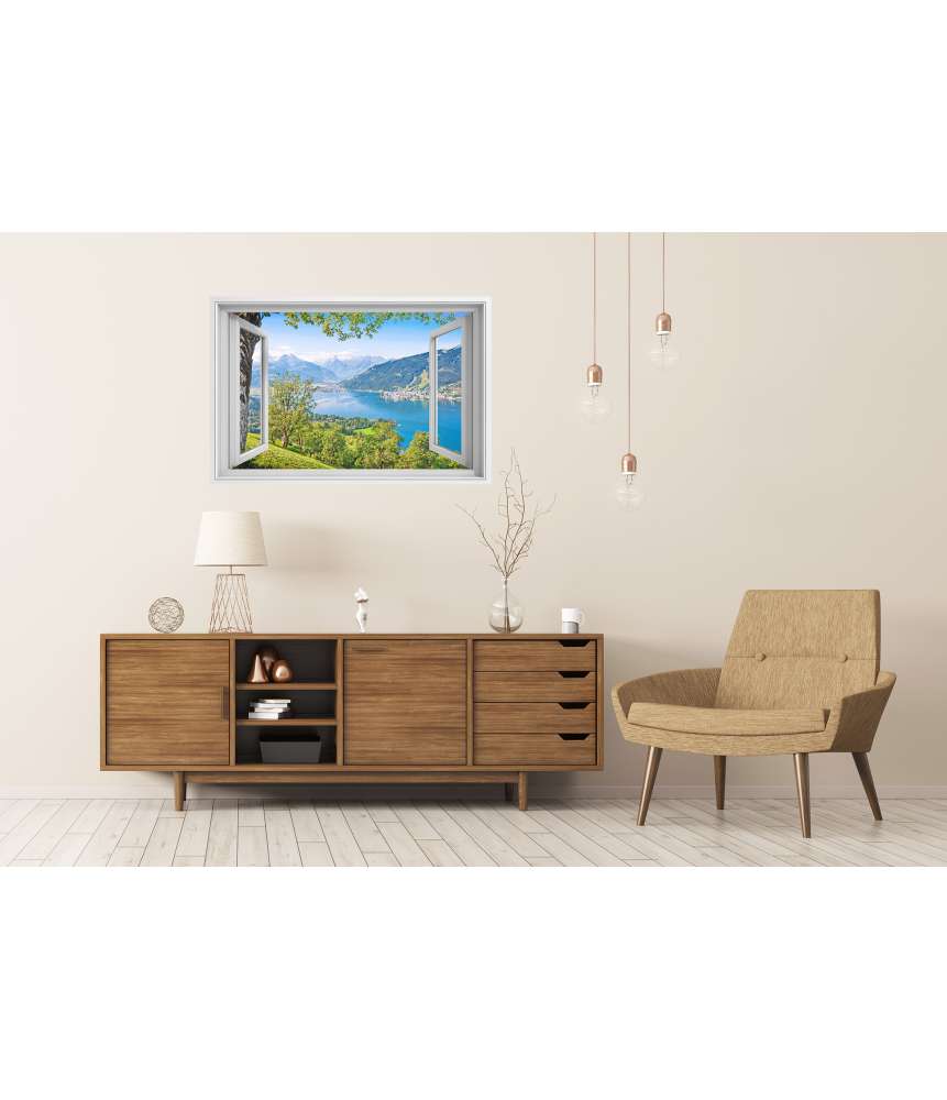 Islandburner Premium Poster Panoramablick auf prächtige Alpenlandschaft durch ein Fenster-Wandbild Riesige Rabatte
