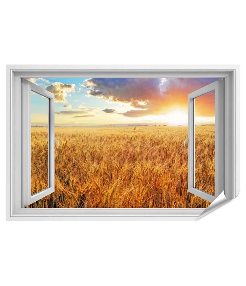 Islandburner Premium Poster Blick durchs Fenster auf einen atemberaubenden Sonnenuntergang über Weizenfeld