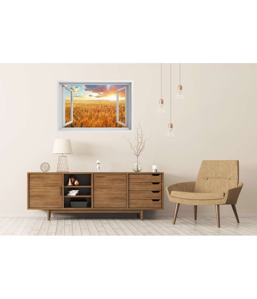 Islandburner Premium Poster Blick durchs Fenster auf einen atemberaubenden Sonnenuntergang über Weizenfeld 50% Rabatt mit kostenlosem Versand