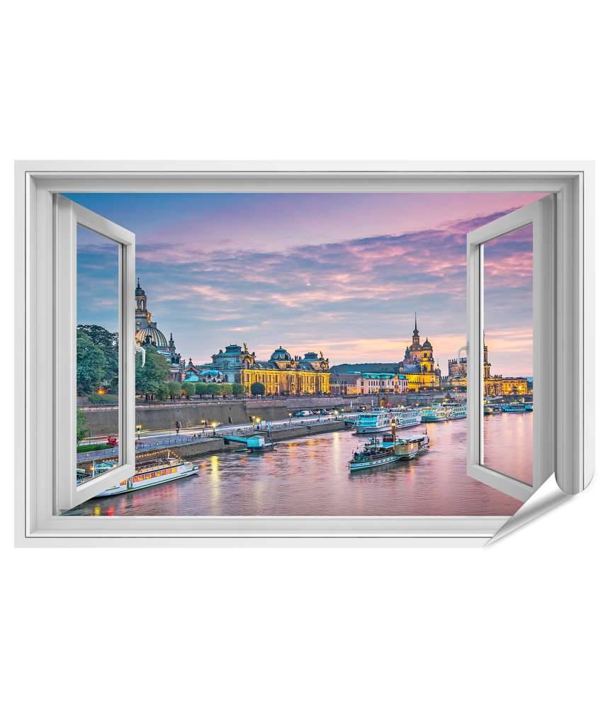 Islandburner Premium Poster Blick auf Dresden, Deutschland, über der Elbe durch ein Fensterbild