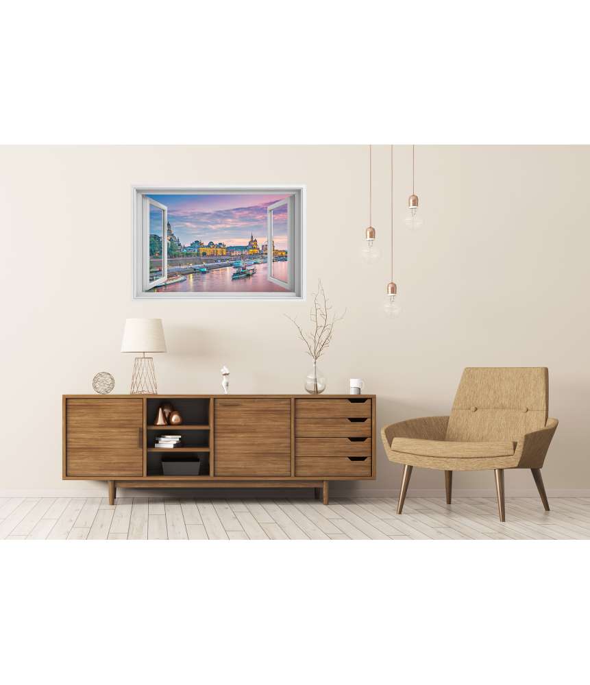 Islandburner Premium Poster Blick auf Dresden, Deutschland, über der Elbe durch ein Fensterbild Clearance-Verkauf