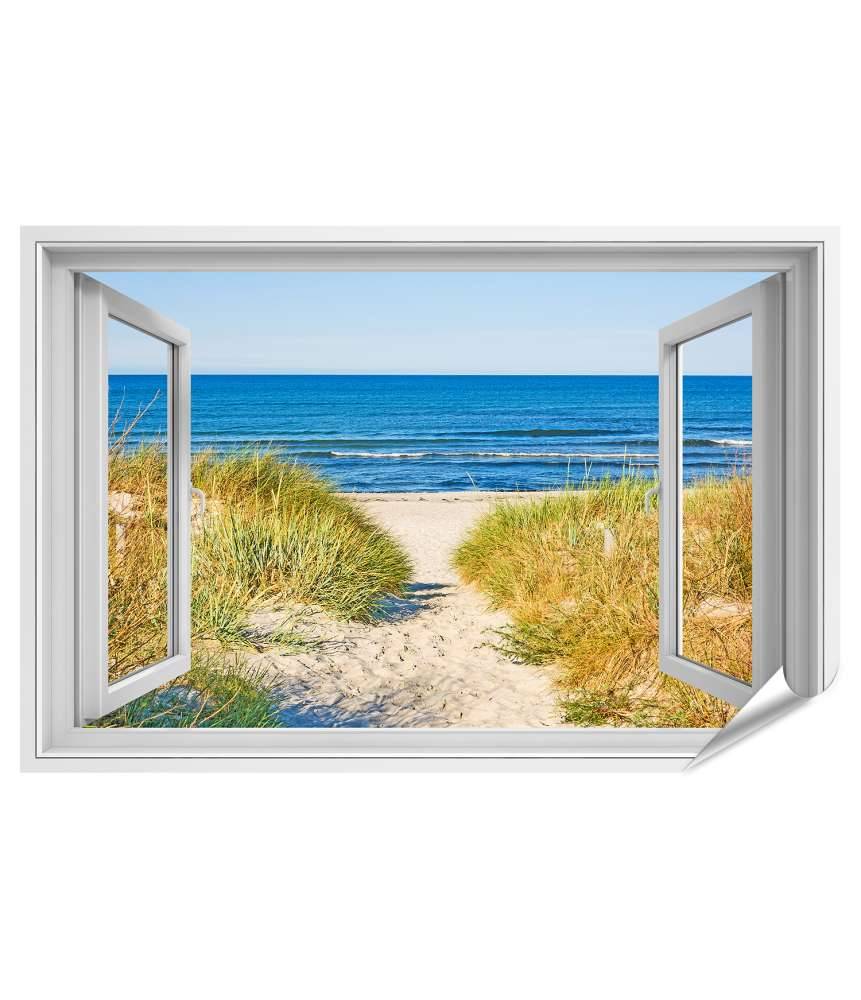 Islandburner Premium Poster Blick durchs Fenster auf den Strandweg zur Ostsee, umgeben von Marramgras