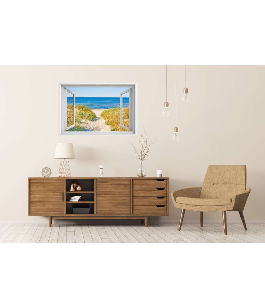 Islandburner Premium Poster Blick durchs Fenster auf den Strandweg zur Ostsee, umgeben von Marramgras Kostenloser Versand international