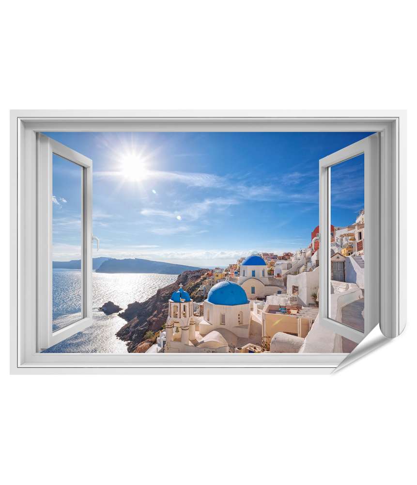Islandburner Premium Poster Blick auf das malerische Dorf Oia auf Santorin, Griechenland, durch ein Fenster