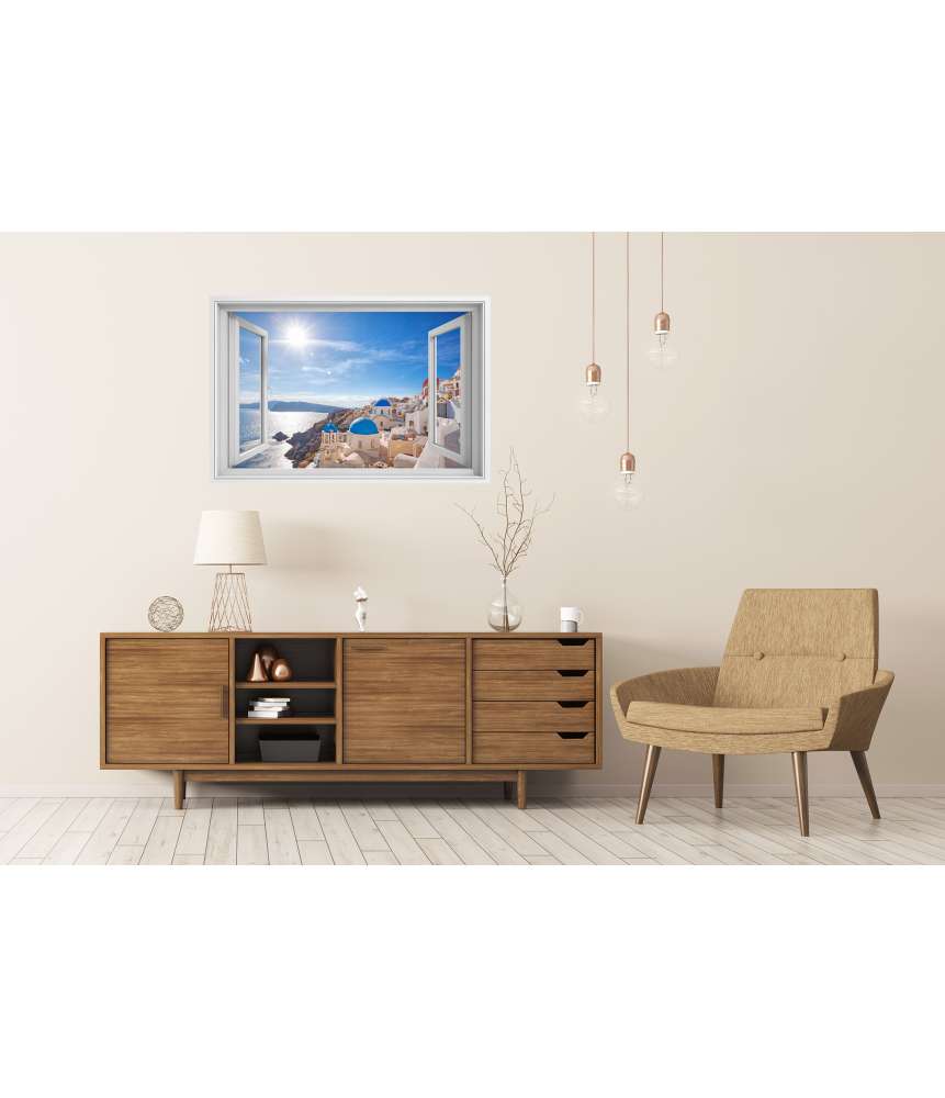 Islandburner Premium Poster Blick auf das malerische Dorf Oia auf Santorin, Griechenland, durch ein Fenster Fabrikladen