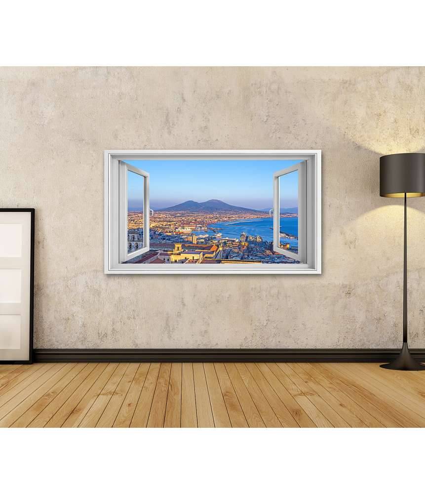 Islandburner Bild auf Leinwand Blick auf Neapel und Vesuv durch Fenster - Wandbild Black Friday