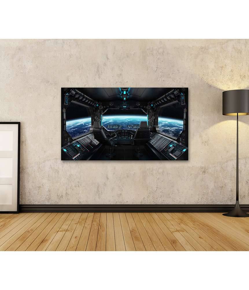 Islandburner Bild auf Leinwand Grunge-Stil Raumschiff-Innenansicht mit Blick auf Planet Erde Zeitlich begrenztes Angebot