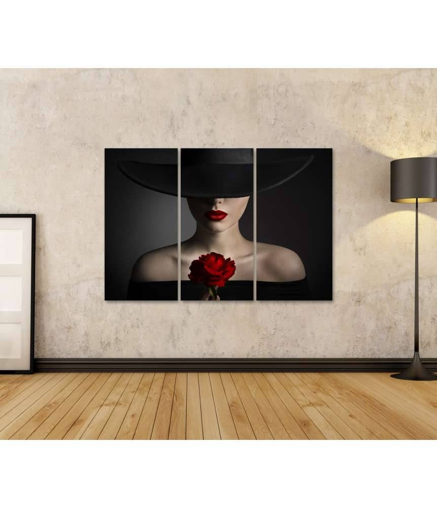 Islandburner Bild auf Leinwand Frau mit roten Rosenlippen und schwarzem Modenhut strahlt Schönheit aus Online Shopping