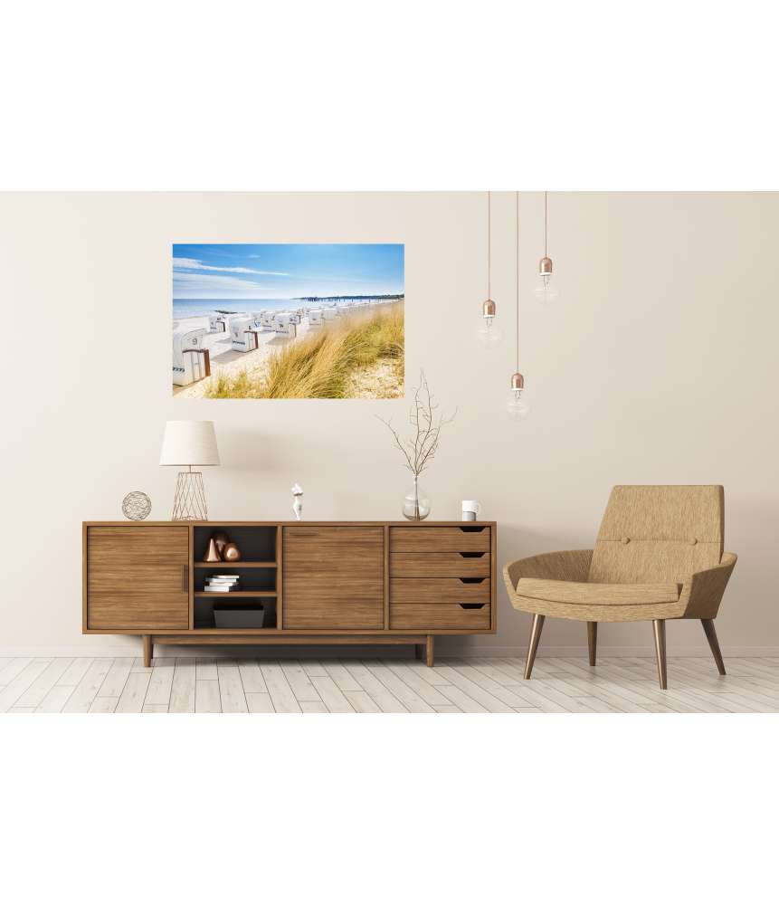 Islandburner XXL Premium Poster Panoramablick von einer Düne auf Strandkörbe am Nordsee-Ostsee Strand VIP-Rabatte