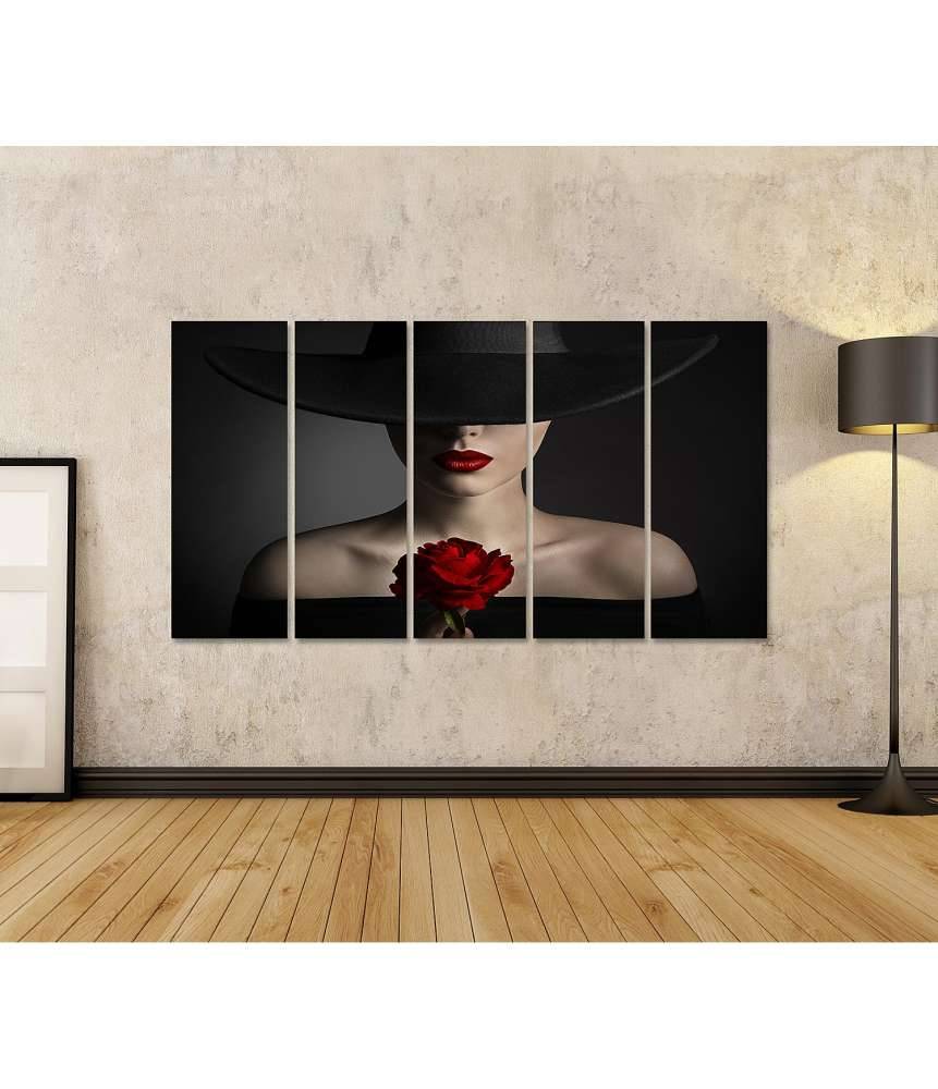 Islandburner Bild auf Leinwand Frau mit roten Rosenlippen und schwarzem Modenhut strahlt Schönheit aus Discount Store für neue Produkte