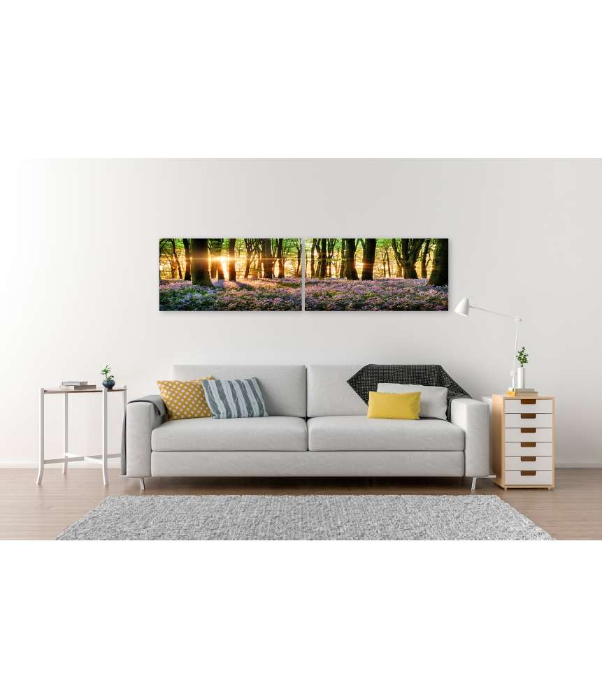 Islandburner Bild auf Leinwand Morgenlicht erweckt blühende Glockenblumen im Wald zum Leben Rabatt