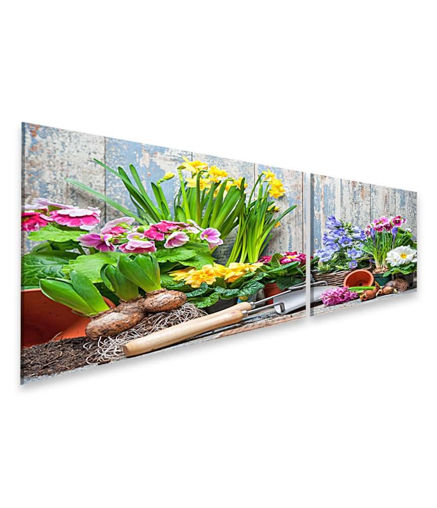 Islandburner Bild auf Leinwand Buntes Wandbild von Garten mit Frühlingsblumen für Hobbygärtner
