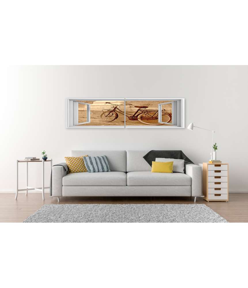 Islandburner Bild auf Leinwand Blick durchs Fenster auf einen an die Wand gelehnten Oldtimer-Fahrrad Weihnachtsangebot