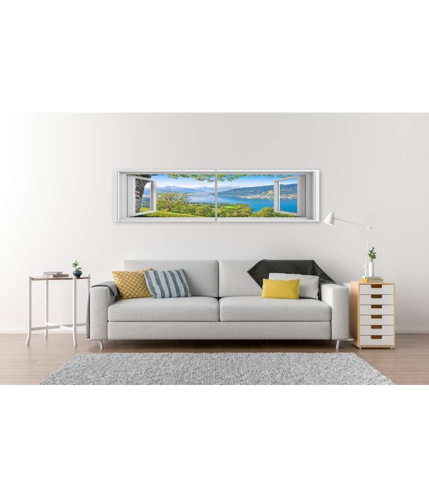Islandburner Bild auf Leinwand Panoramablick auf prächtige Alpenlandschaft durch ein Fenster-Wandbild Vatertagsangebot