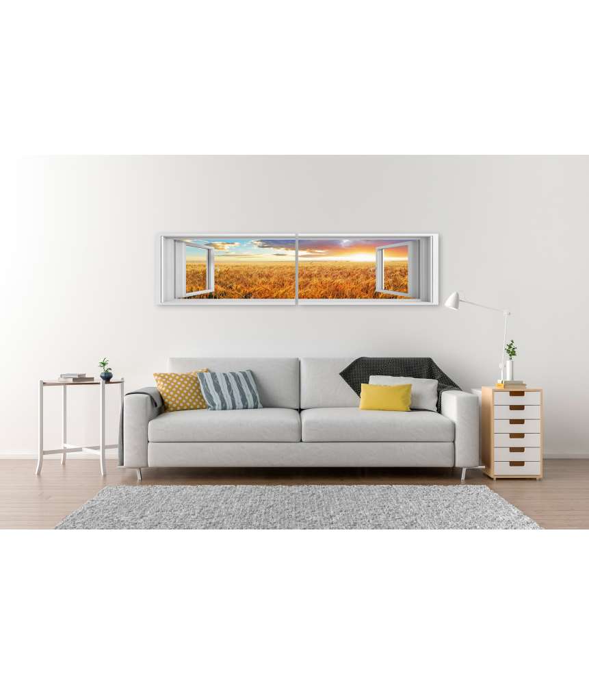 Islandburner Bild auf Leinwand Blick durchs Fenster auf einen atemberaubenden Sonnenuntergang über Weizenfeld Valentinstagsangebot