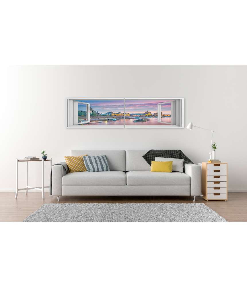 Islandburner Bild auf Leinwand Blick auf Dresden, Deutschland, über der Elbe durch ein Fensterbild Jubiläumsangebot