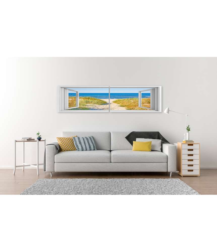 Islandburner Bild auf Leinwand Blick durchs Fenster auf den Strandweg zur Ostsee, umgeben von Marramgras Lagerräumung