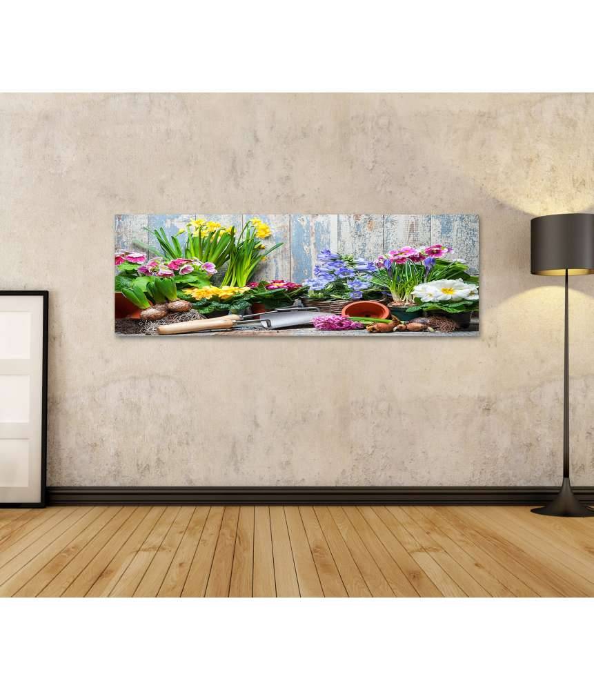 Islandburner Bild auf Leinwand Buntes Wandbild von Garten mit Frühlingsblumen für Hobbygärtner Schlussverkauf