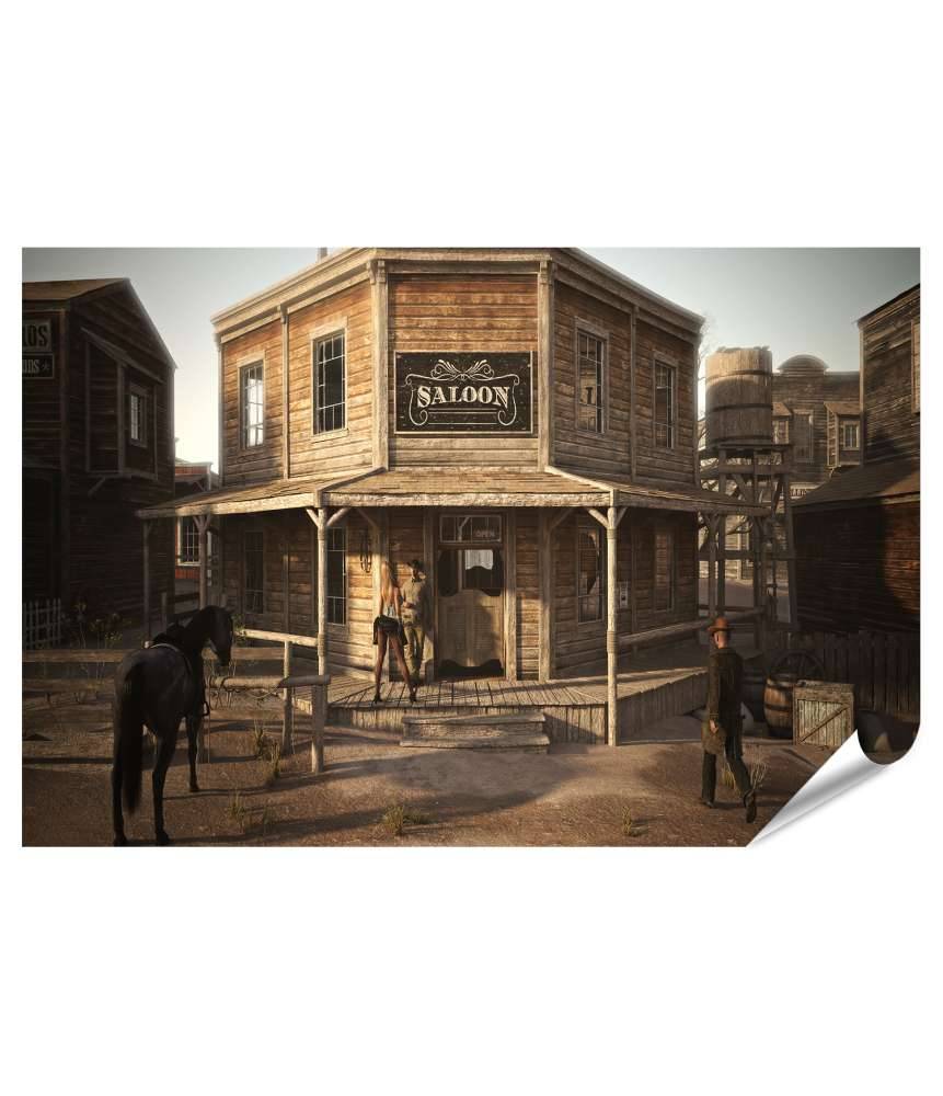 Islandburner Premium Poster Lebendiges 3D-Wandbild einer Westernstadt mit Saloon und Geschäften Begrenztes Angebot