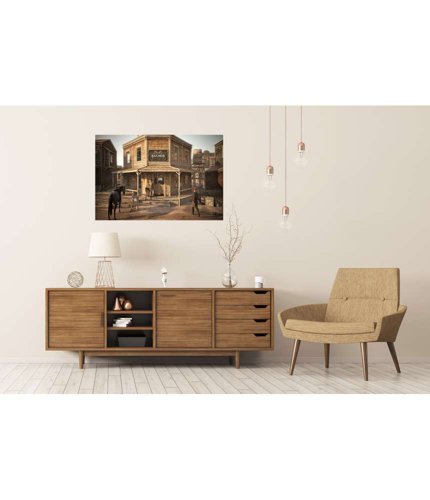 Islandburner Premium Poster Lebendiges 3D-Wandbild einer Westernstadt mit Saloon und Geschäften Begrenztes Angebot