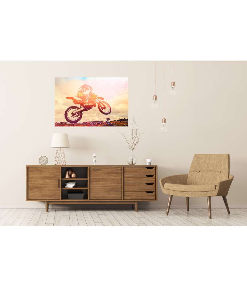 Islandburner Premium Poster Motocross-Rennfahrer auf Dirtbike macht spektakuläre Sprünge im Gelände Black Friday