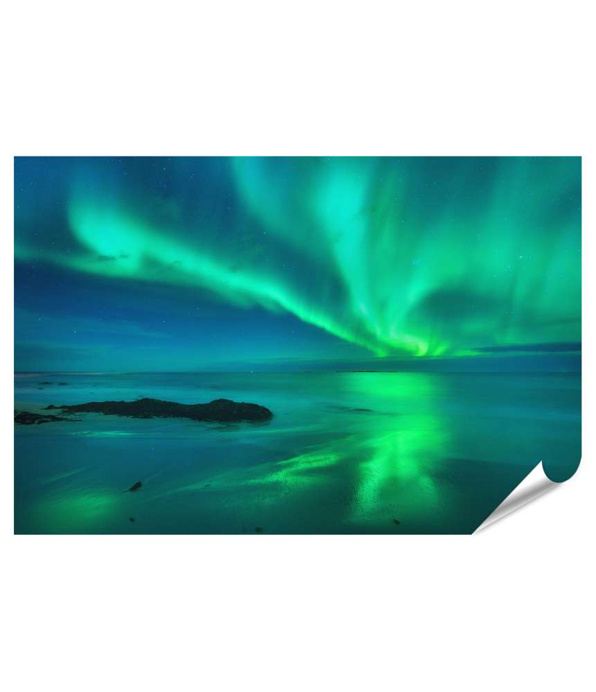 Islandburner Premium Poster Nordlichter über den Lofoten, Norwegen unter Sternenhimmel: Wandbild 'Aurora'