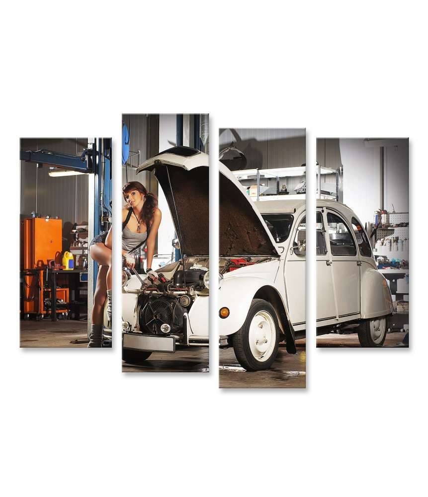 Islandburner Bild auf Leinwand Verführerische Frau repariert Retro Citroen Ente in einer alten Garage
