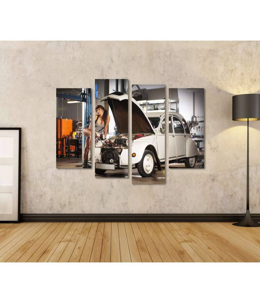 Islandburner Bild auf Leinwand Verführerische Frau repariert Retro Citroen Ente in einer alten Garage Zeitlich begrenztes Angebot