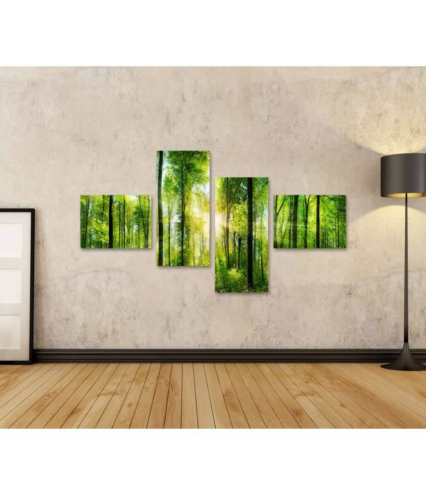 Islandburner Bild auf Leinwand Panoramabild eines frischgrünen Waldes mit Sonnenstrahlen durch Laubbäume Sonderangebote
