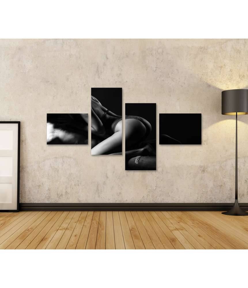 Islandburner Bild auf Leinwand Junges Paar im Bett: Frau in Spitzen-Dessous, Mann in Schwarz-Weiß-Erotikbild Tiefpreis