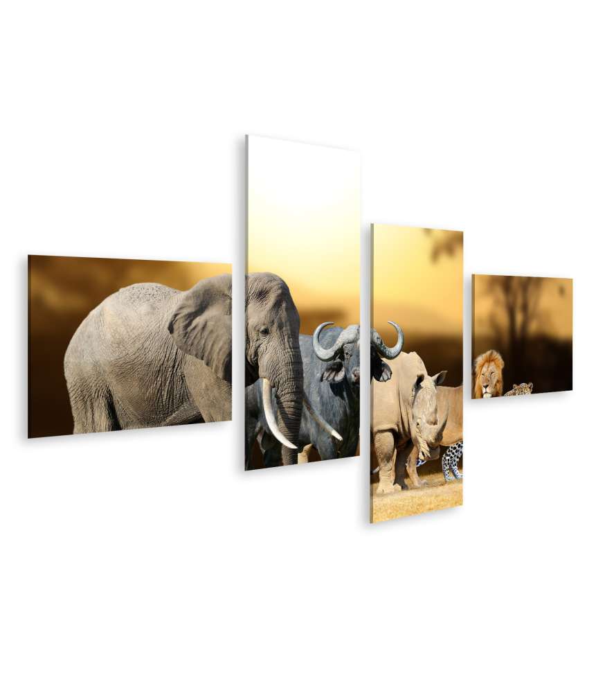 Islandburner Bild auf Leinwand Big Five Afrika-Wandbild für Kinder/Jugendzimmer: Löwe, Elefant, Leopard, Büffel, Nashorn Letzter Tag