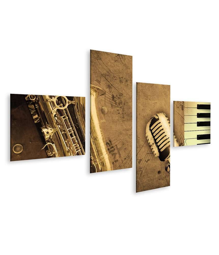 Islandburner Bild auf Leinwand Sepia-Ton Wandbild mit Klavier, Saxophon und Musiknoten