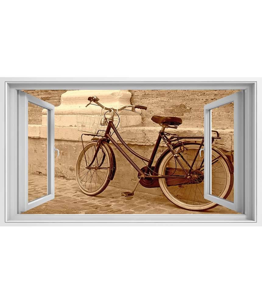 Islandburner Bild auf Leinwand Blick durchs Fenster auf einen an die Wand gelehnten Oldtimer-Fahrrad Riesige Rabatte