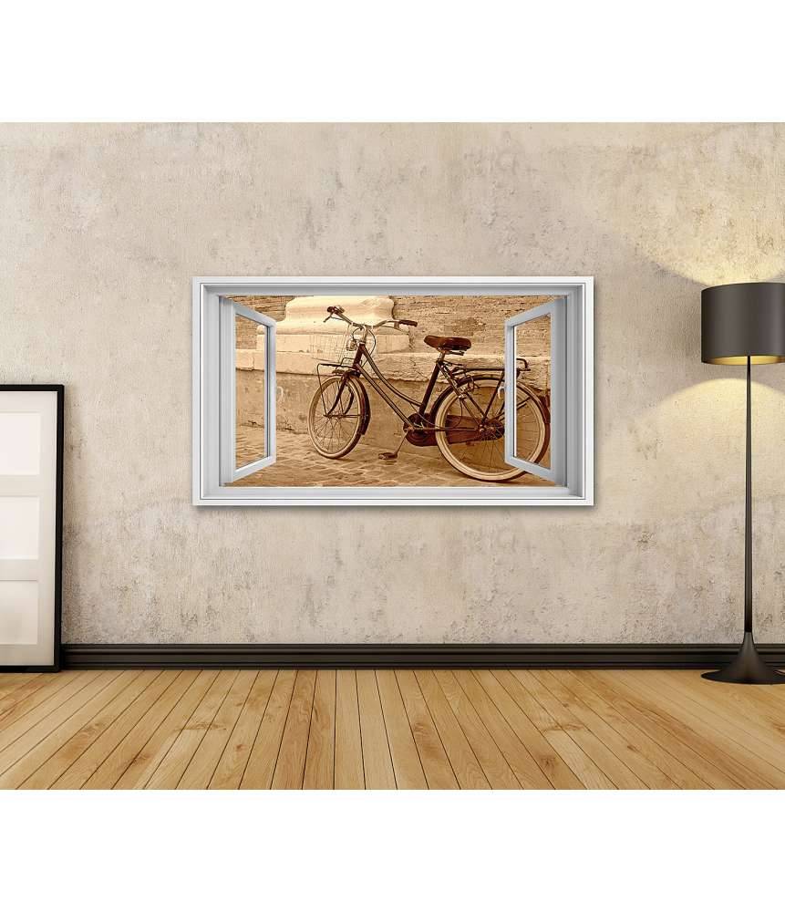 Islandburner Bild auf Leinwand Blick durchs Fenster auf einen an die Wand gelehnten Oldtimer-Fahrrad Riesige Rabatte