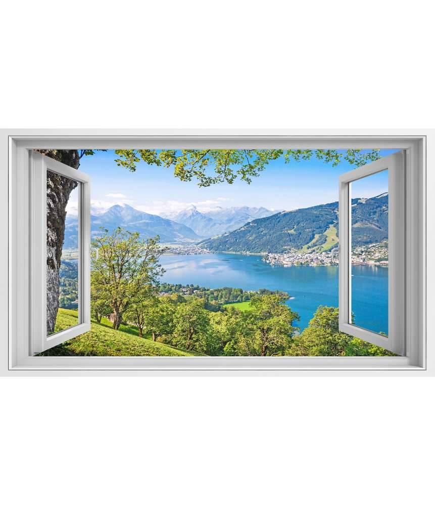 Islandburner Bild auf Leinwand Panoramablick auf prächtige Alpenlandschaft durch ein Fenster-Wandbild Kostenloser Versand international