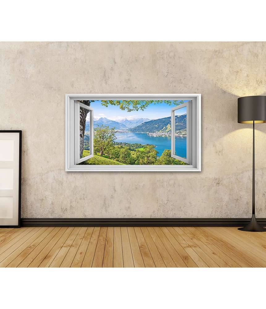 Islandburner Bild auf Leinwand Panoramablick auf prächtige Alpenlandschaft durch ein Fenster-Wandbild Kostenloser Versand international