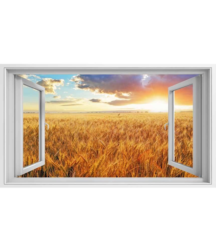 Islandburner Bild auf Leinwand Blick durchs Fenster auf einen atemberaubenden Sonnenuntergang über Weizenfeld Fabrikladen