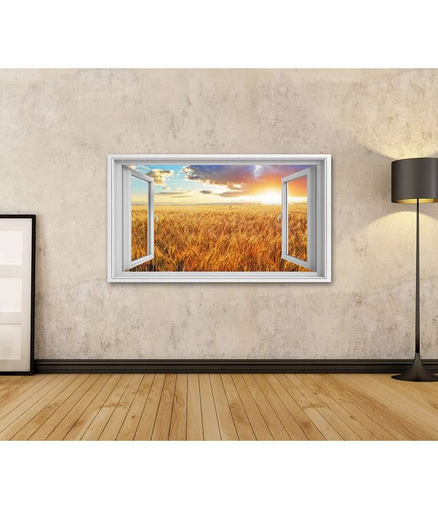 Islandburner Bild auf Leinwand Blick durchs Fenster auf einen atemberaubenden Sonnenuntergang über Weizenfeld Fabrikladen