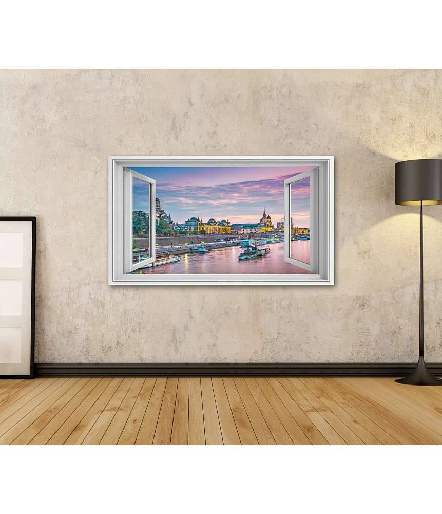 Islandburner Bild auf Leinwand Blick auf Dresden, Deutschland, über der Elbe durch ein Fensterbild Begrenzt auf 3 Tage