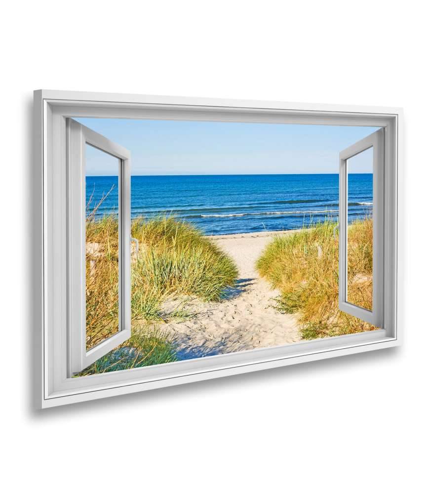 Islandburner Bild auf Leinwand Blick durchs Fenster auf den Strandweg zur Ostsee, umgeben von Marramgras Speichern exportieren