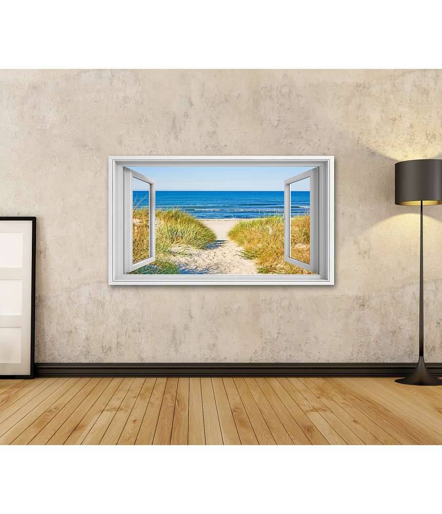 Islandburner Bild auf Leinwand Blick durchs Fenster auf den Strandweg zur Ostsee, umgeben von Marramgras Speichern exportieren
