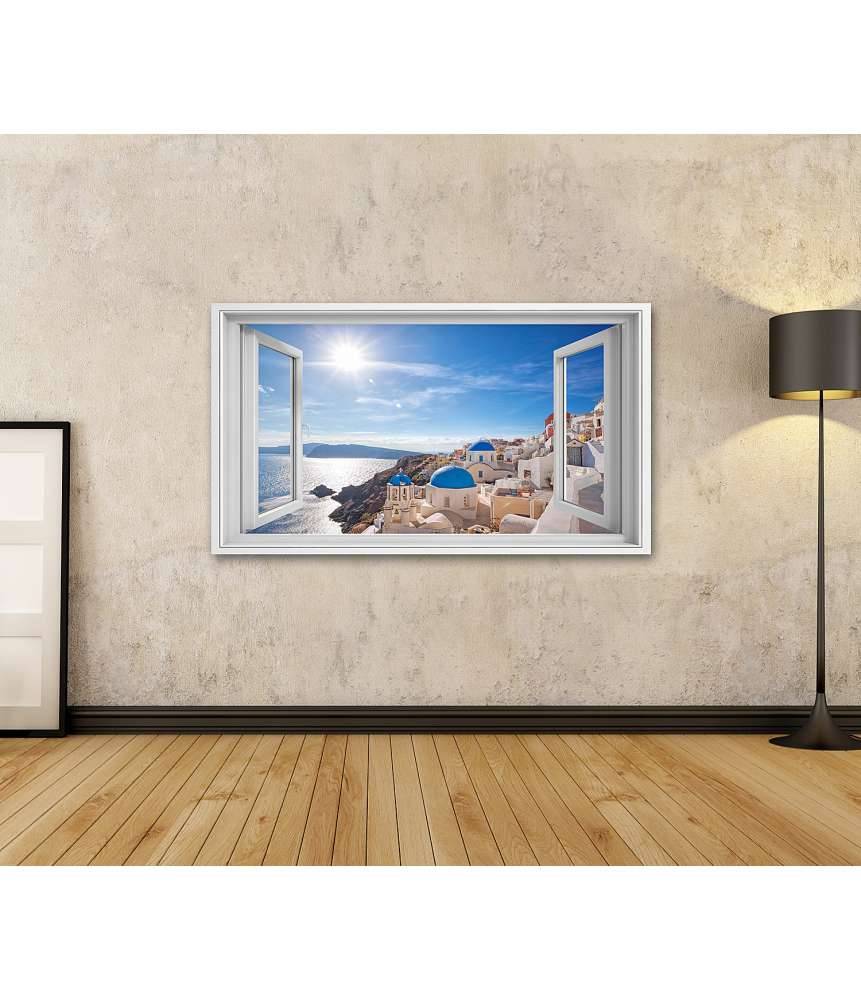 Islandburner Bild auf Leinwand Blick auf das malerische Dorf Oia auf Santorin, Griechenland, durch ein Fenster Black Friday Preise
