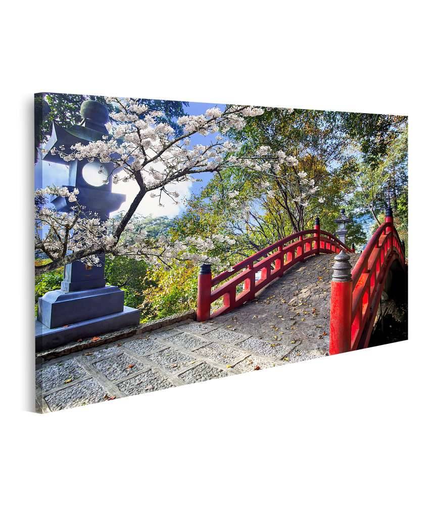 Islandburner Bild auf Leinwand Sakura-Blüten am japanischen Tempel mit roter Brücke im Angebot