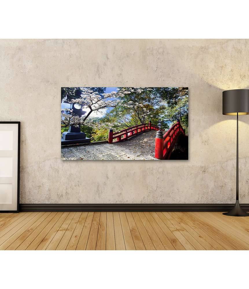 Islandburner Bild auf Leinwand Sakura-Blüten am japanischen Tempel mit roter Brücke im Angebot