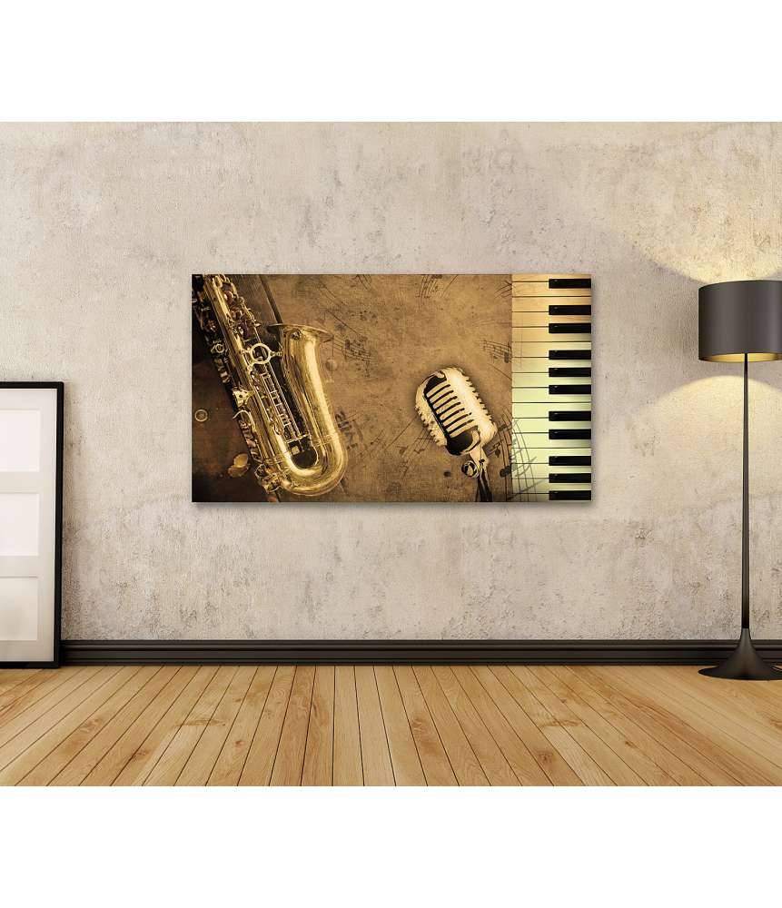Islandburner Bild auf Leinwand Sepia-Ton Wandbild mit Klavier, Saxophon und Musiknoten Schlussverkauf