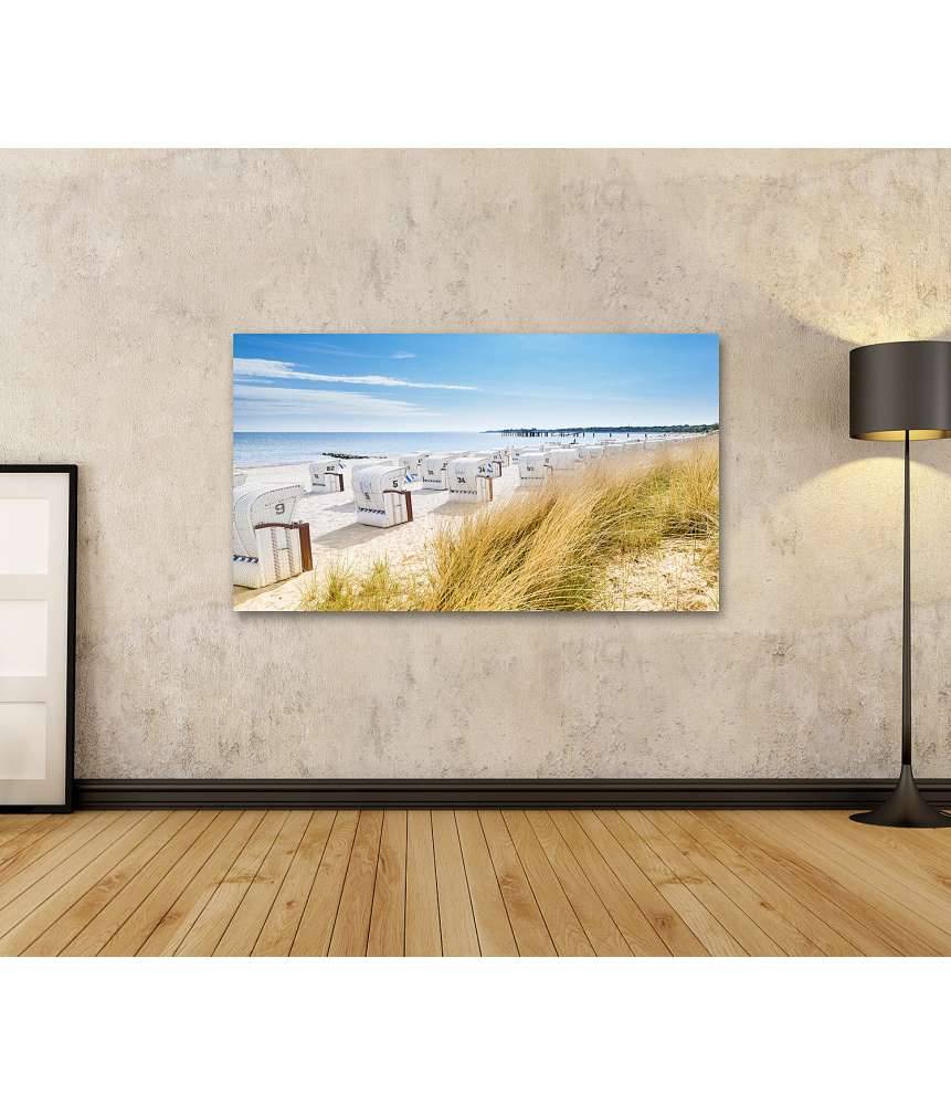 Islandburner Bild auf Leinwand Panoramablick von einer Düne auf Strandkörbe am Nordsee-Ostsee Strand Günstiger Verkauf