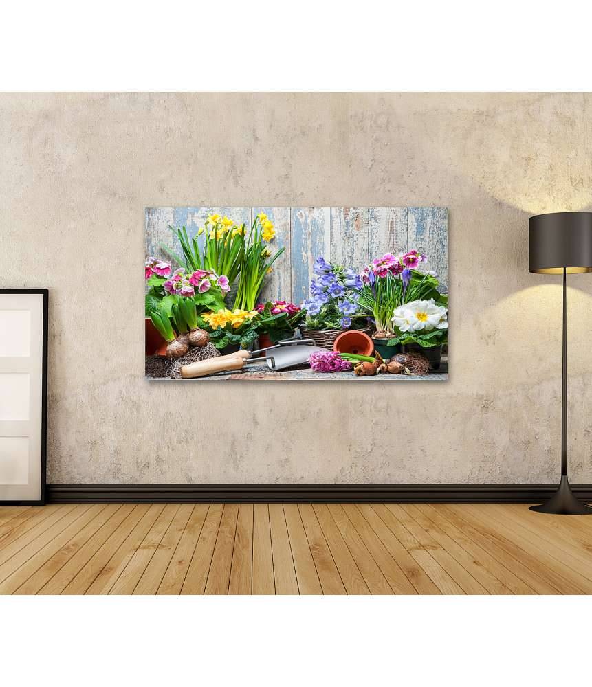 Islandburner Bild auf Leinwand Buntes Wandbild von Garten mit Frühlingsblumen für Hobbygärtner Limitierter Zeitrabatt