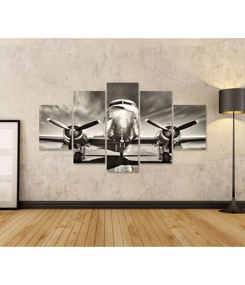 Islandburner Bild auf Leinwand Monochromes Retro-Wandbild eines Propellerflugzeugs Versandkostenfrei