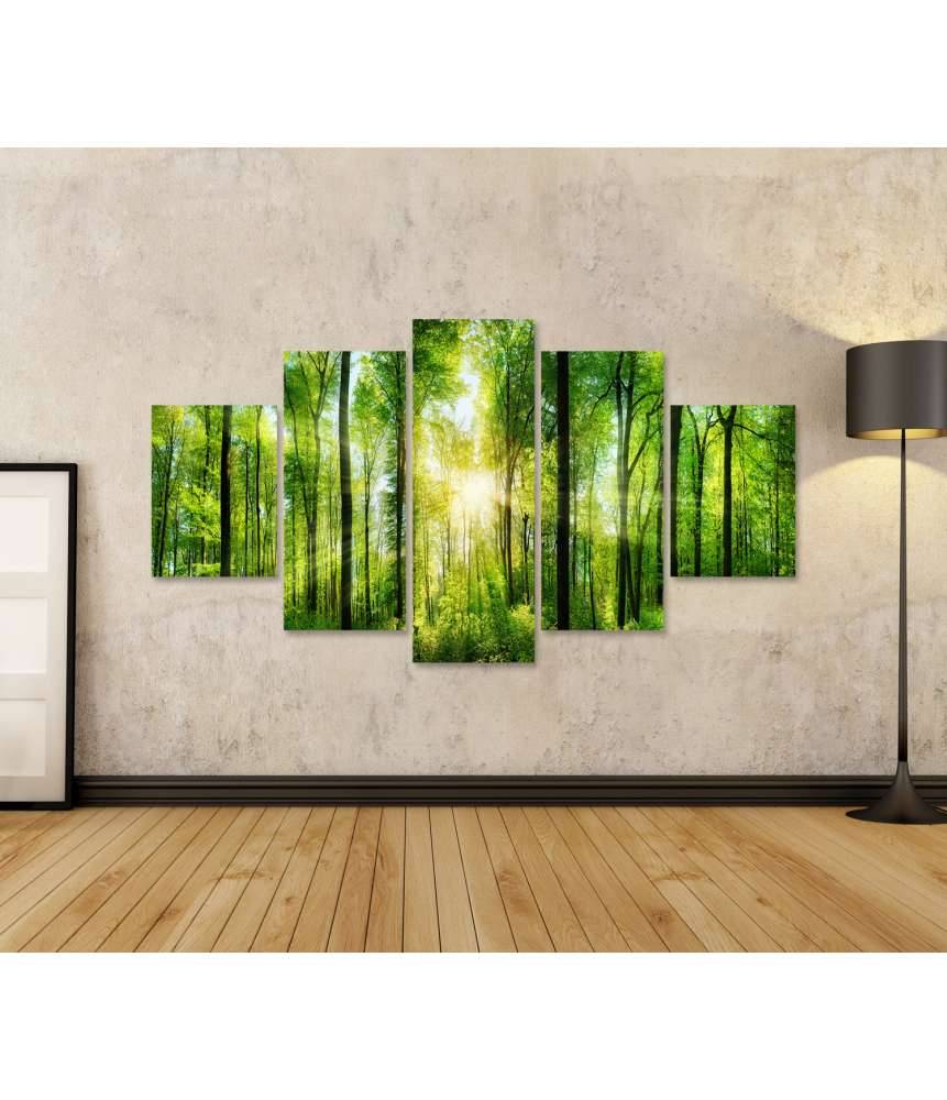 Islandburner Bild auf Leinwand Panoramabild eines frischgrünen Waldes mit Sonnenstrahlen durch Laubbäume Online Outlet