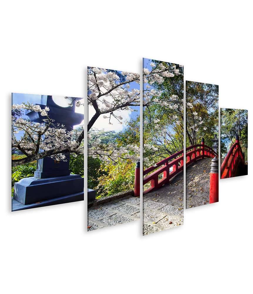 Islandburner Bild auf Leinwand Sakura-Blüten am japanischen Tempel mit roter Brücke Super Sparpreis